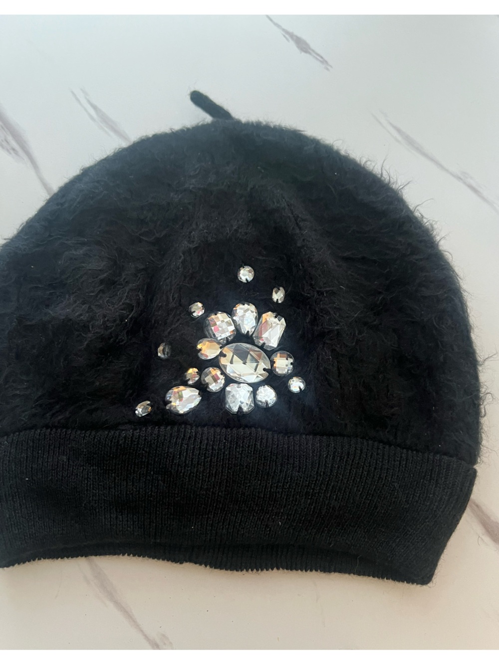 14th & Union Black Faux-Fur Beanie with Crystal Jewel Motif